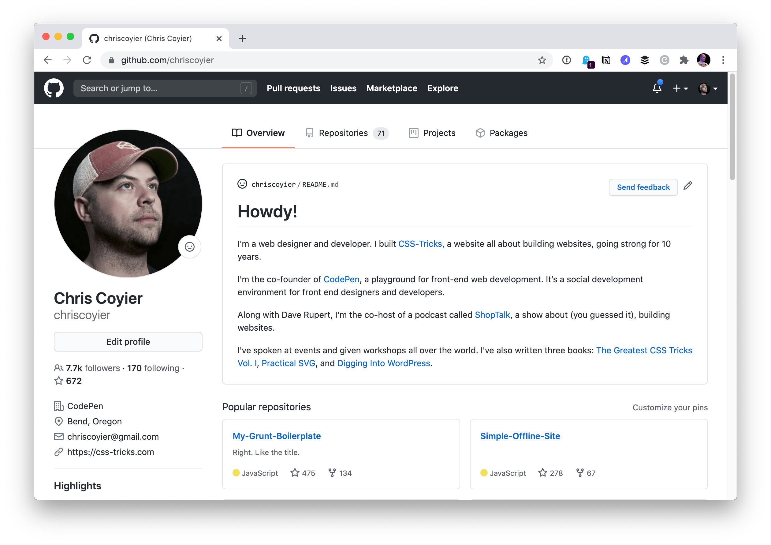 Screenshot of the updated GitHub profile page, showing the welcome text from the personal website homepage.