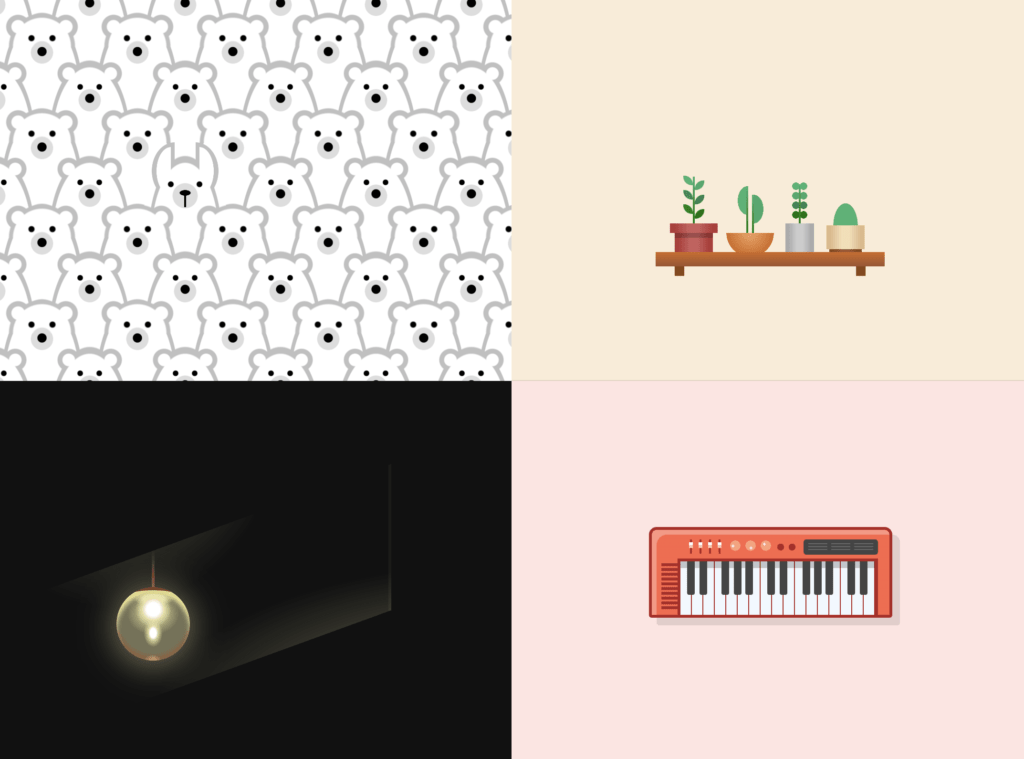 Examples of Lynn Fischer's single div projects: repeated polar bears, plants on a shelf, a blinking light, and a tiny electronic piano.