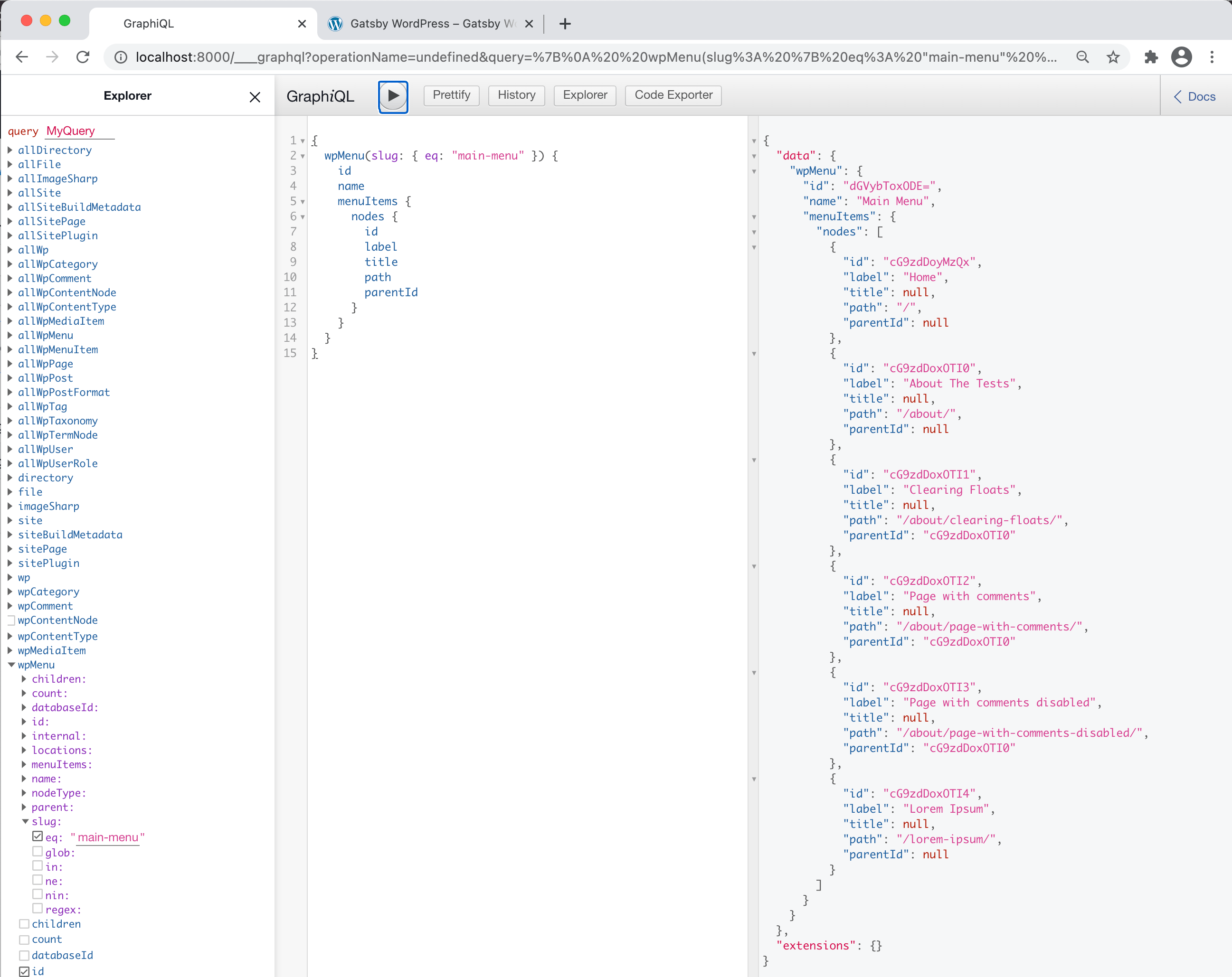 The GraphiQL UI showing three panels, one for the Explorer, one for the GraphiQL query, and one that displays the returned data from the query.