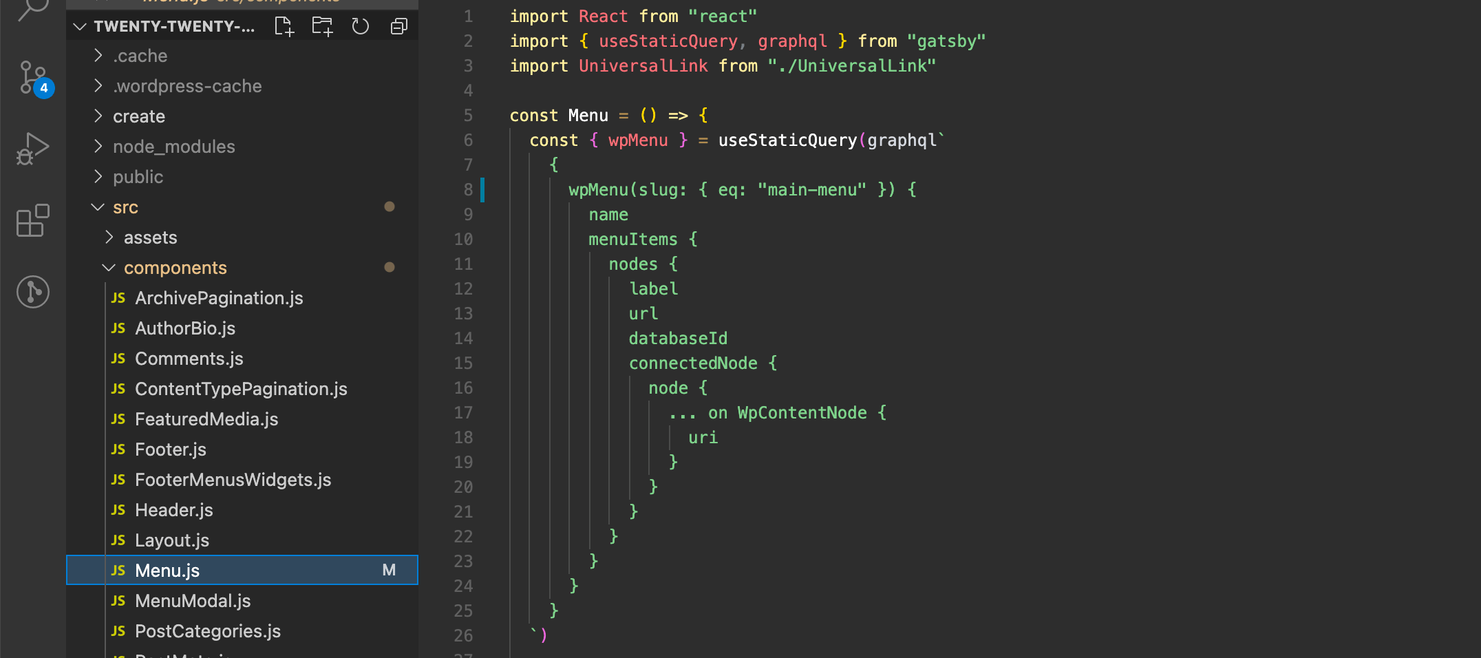 Screenshot showing Menu.js file with changed menu slug to “main-menu” in line 8.