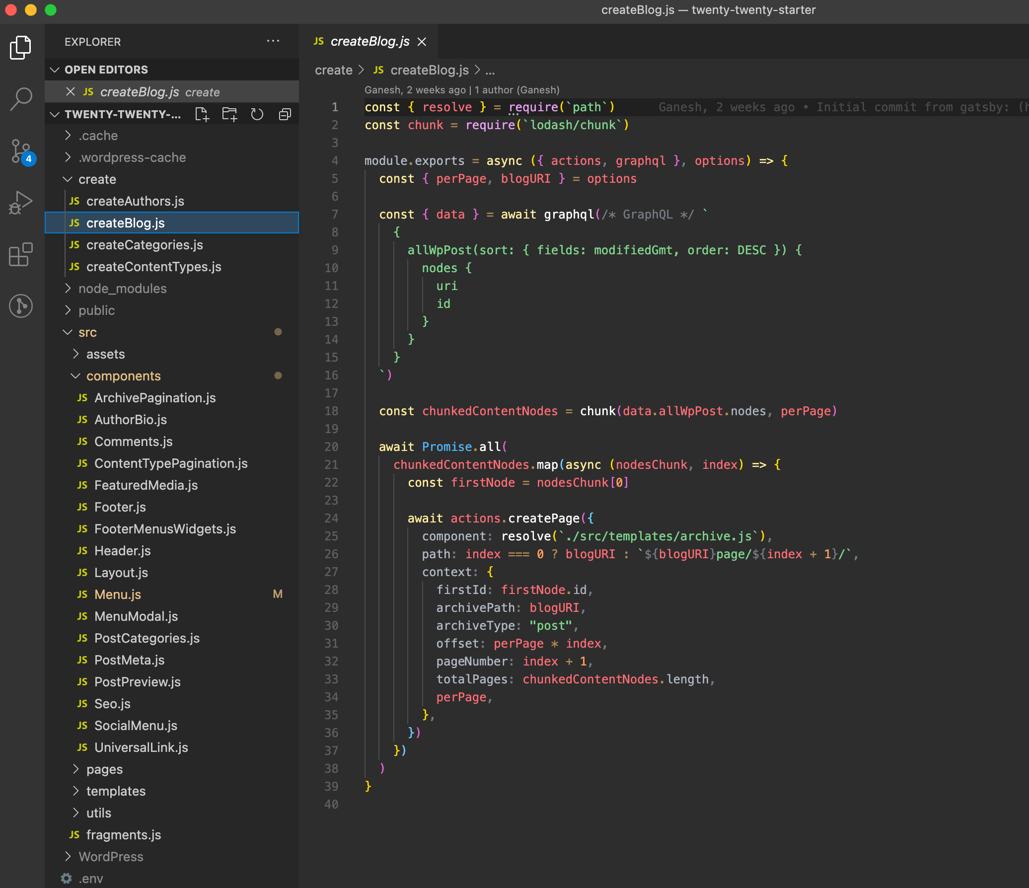 Screenshot showing Gatsby Starter WordPress Twenty Twenty’s file structure.