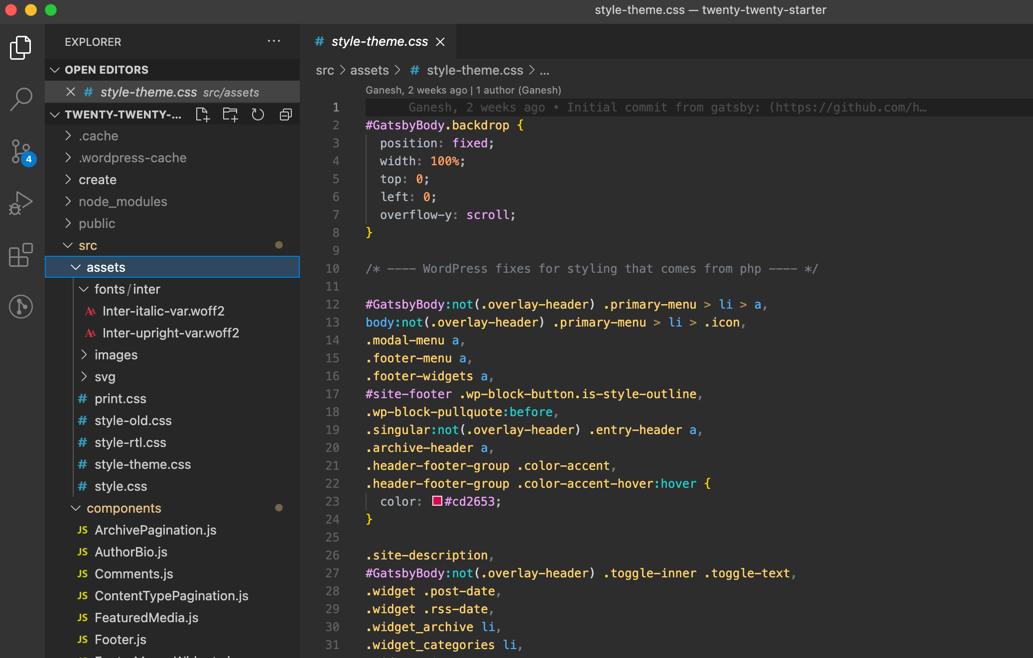 Screenshot showing the Gatsby Starter WordPress Twenty Twenty assets folder contents open in VS Code.