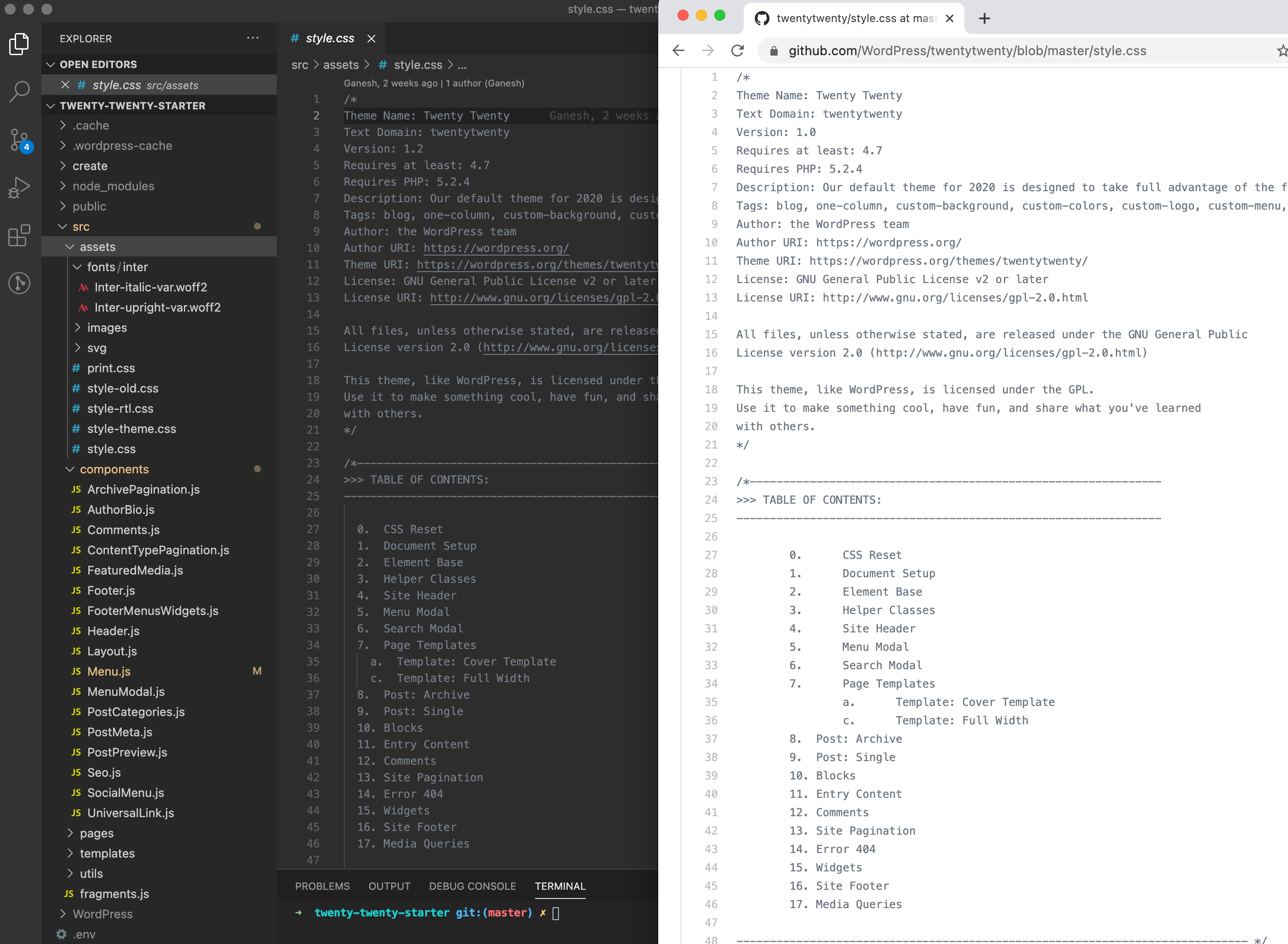 Screenshot showing the Gatsby StarterWordPress Twenty Twenty style.css file opened next to the WordPress Twenty Twenty theme’s style.css file. The two contain the exact same code.