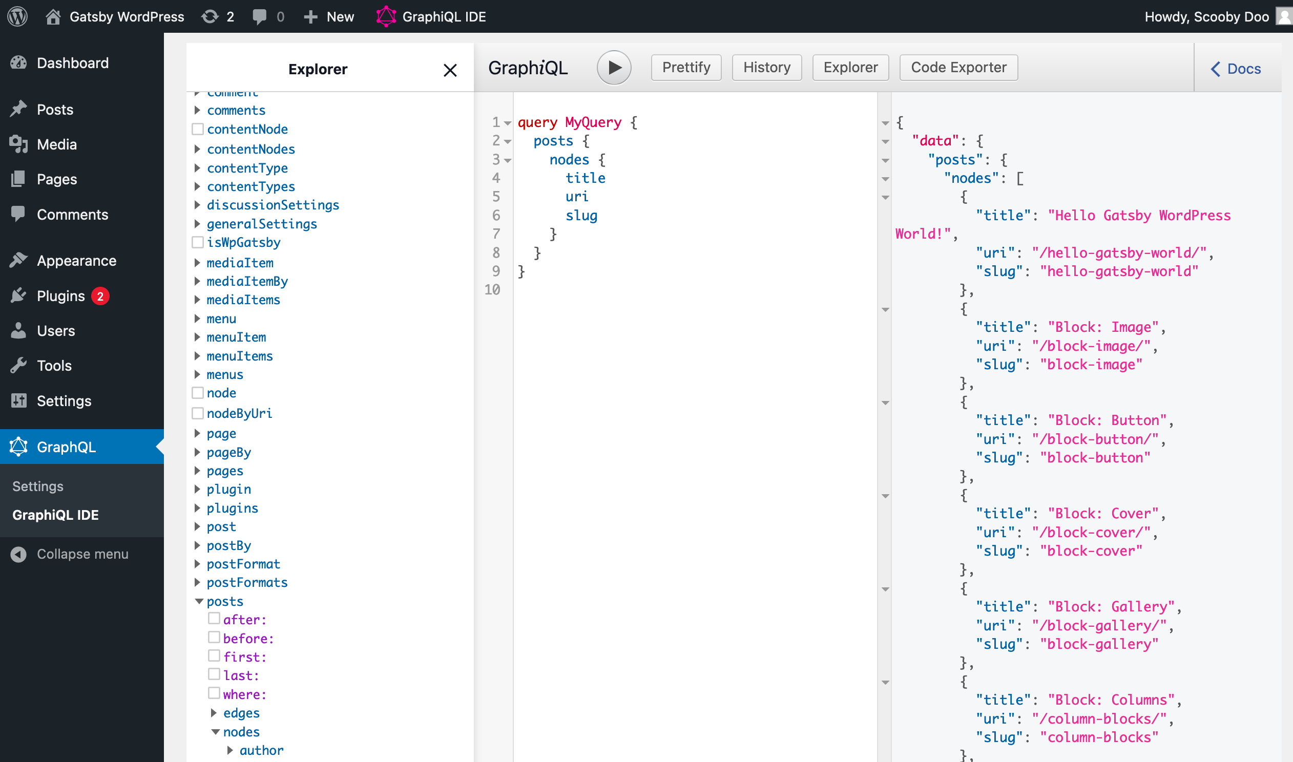Screenshot of the GraphiQL UI in the WordPress admin, showing a three-panel UI.