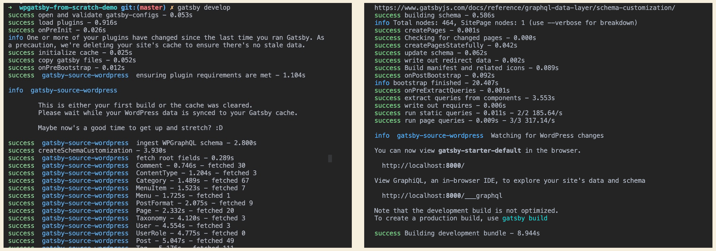 Two terminal windows, side-by-side. They are dark with light text.