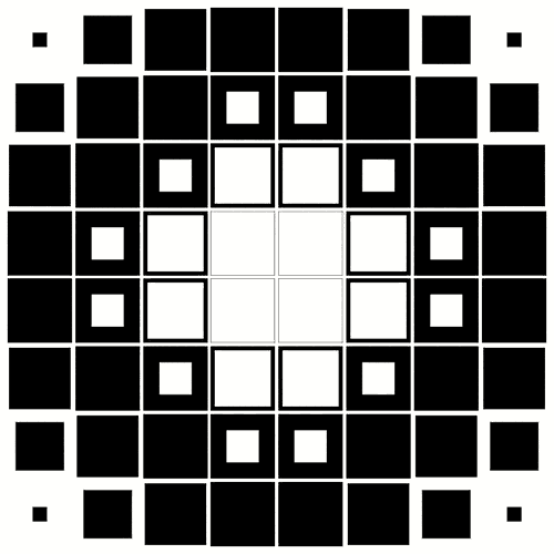 Animated gif. Shows an 8x8 grid of tiles, each of them growing from nothing to full size, then melting from the inside until they disappear, with the cycle then repeating. The smaller the sum of their distances to the middle is, the sooner they start their animation, those at the very corners of the grid being one full cycle behind those in the very middle.