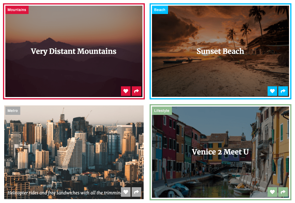 A two by two grid of images with text overlaid on top, as well as a tag label in the top right corner and, tagline in the bottom left corner and actions to like and share in the bottom right corner of each one.