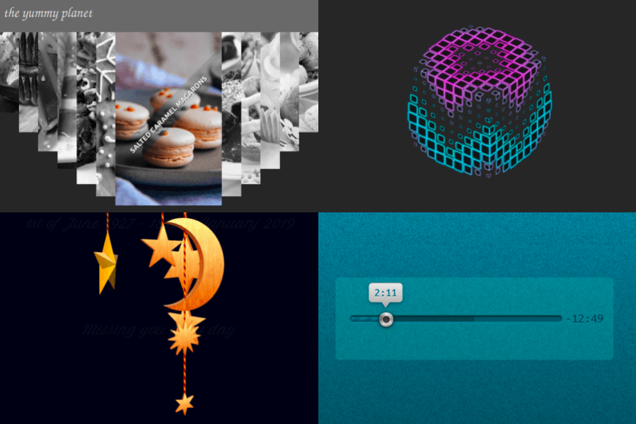 Screenshot collage - a 2x2 grid. The first one shows the items of a full-screen navigation sliding down with a delay that's proportional to the distance to the selected one. The second one shows a cube with each face made of neon tiles; these tiles shrink and go inwards, into the cube, with a delay that depends on the distance from the midlines of the top face. The third one is a time progress with a tooltip showing the elapsed time in a mm::ss format. The fourth one is a 3D rotating musical toy with wooden and metallic stars and a wooden crescent moon hanging from the top.