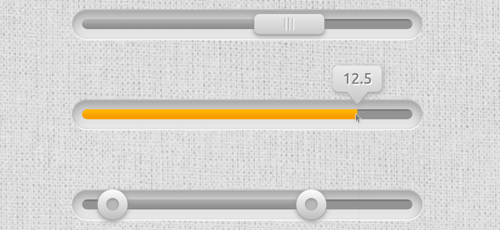 Screenshot showing three styled sliders withe second one having a tooltip above the thumb indicating the decimal value.