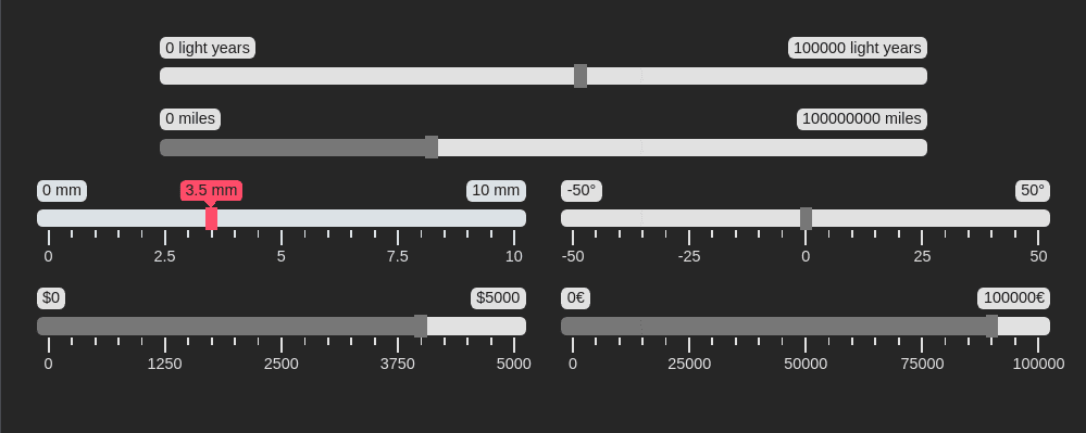 Screenshot showing multiple styled sliders with the third one being focused and showing a tooltip above the thumb indicating the decimal value.