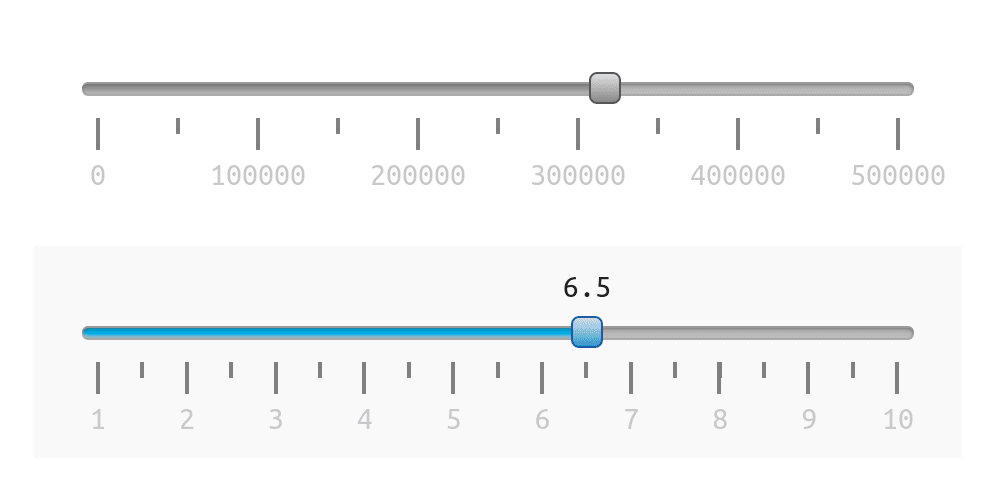 Screenshot showing two styled sliders with the second one being focused and showing a tooltip above the thumb indicating the decimal value.