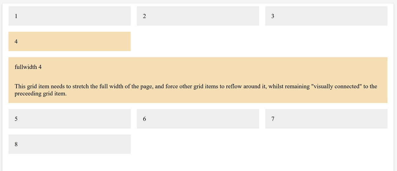 Two rows of four rectangles. All of the rectangles are light gray and numbered, except one that has a wheat-colored background and another box beneath it containing text, and taking up the full container width.