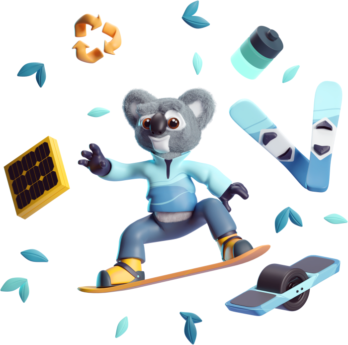 Life-like illustration of an animatronic panda in a warn jacket and riding a snowboard while surrounded by a bunch of objects, like leaves, skis, and other gadgets.