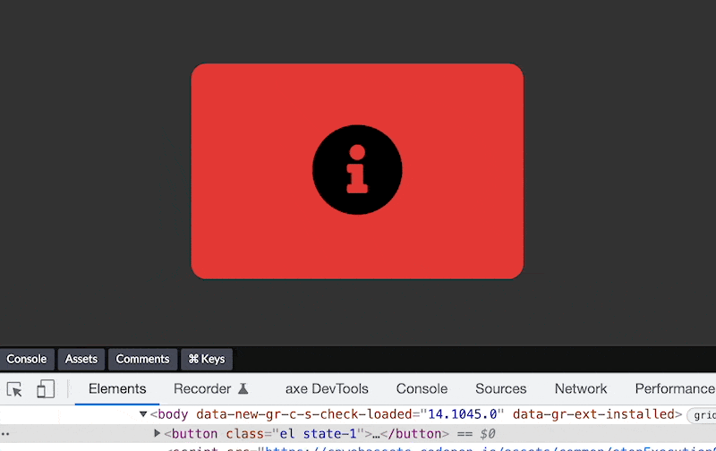 Example of how to Cycle Through Classes on an HTML Element. Here a large <button> with an <svg> inside cycles through state-1, state-2, and state-3 classes, turning from red to yellow to green.