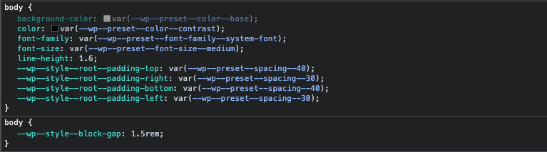 DevTools window showing CSS custom variables on the body element.