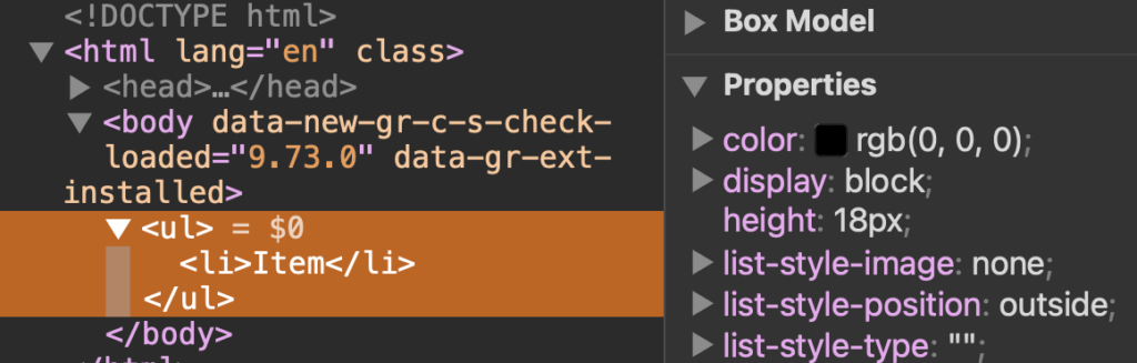 DevTools showing the computed value for the an unordered list with a style type set to empty quotes.