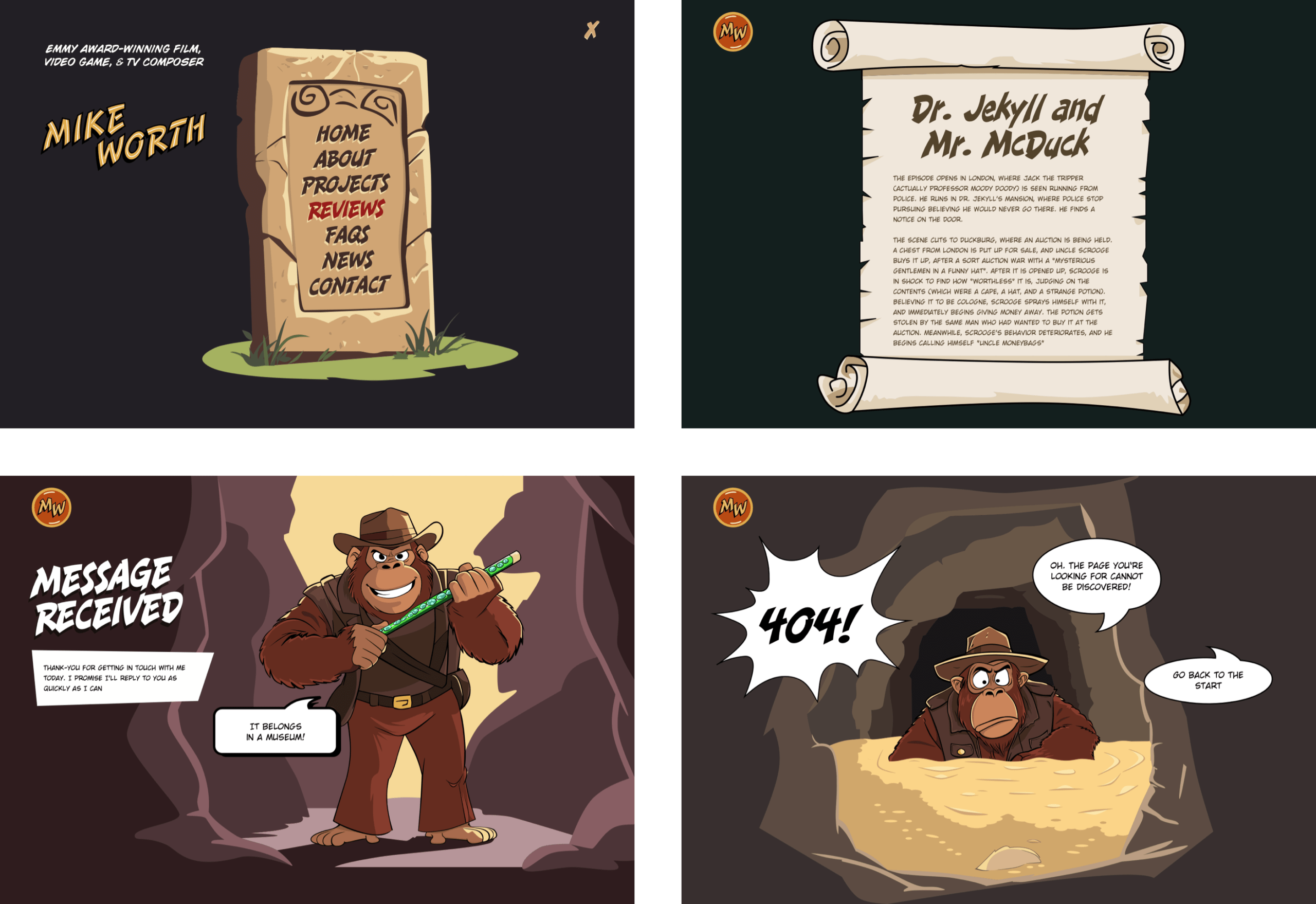 Four examples of page layouts, including the main menu, a default page, message received confirmation, and a 404 page, all featuring bold cartoon illustrations reminiscent of nineties Disney cartoons.