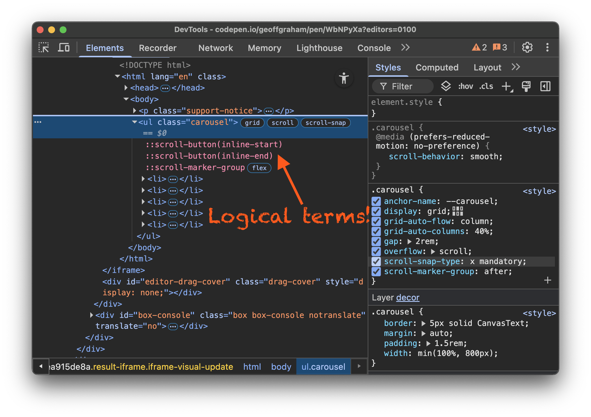 DevTools with an arrow pointing at the two scroll buttons in the HTML showing them with logical naming.