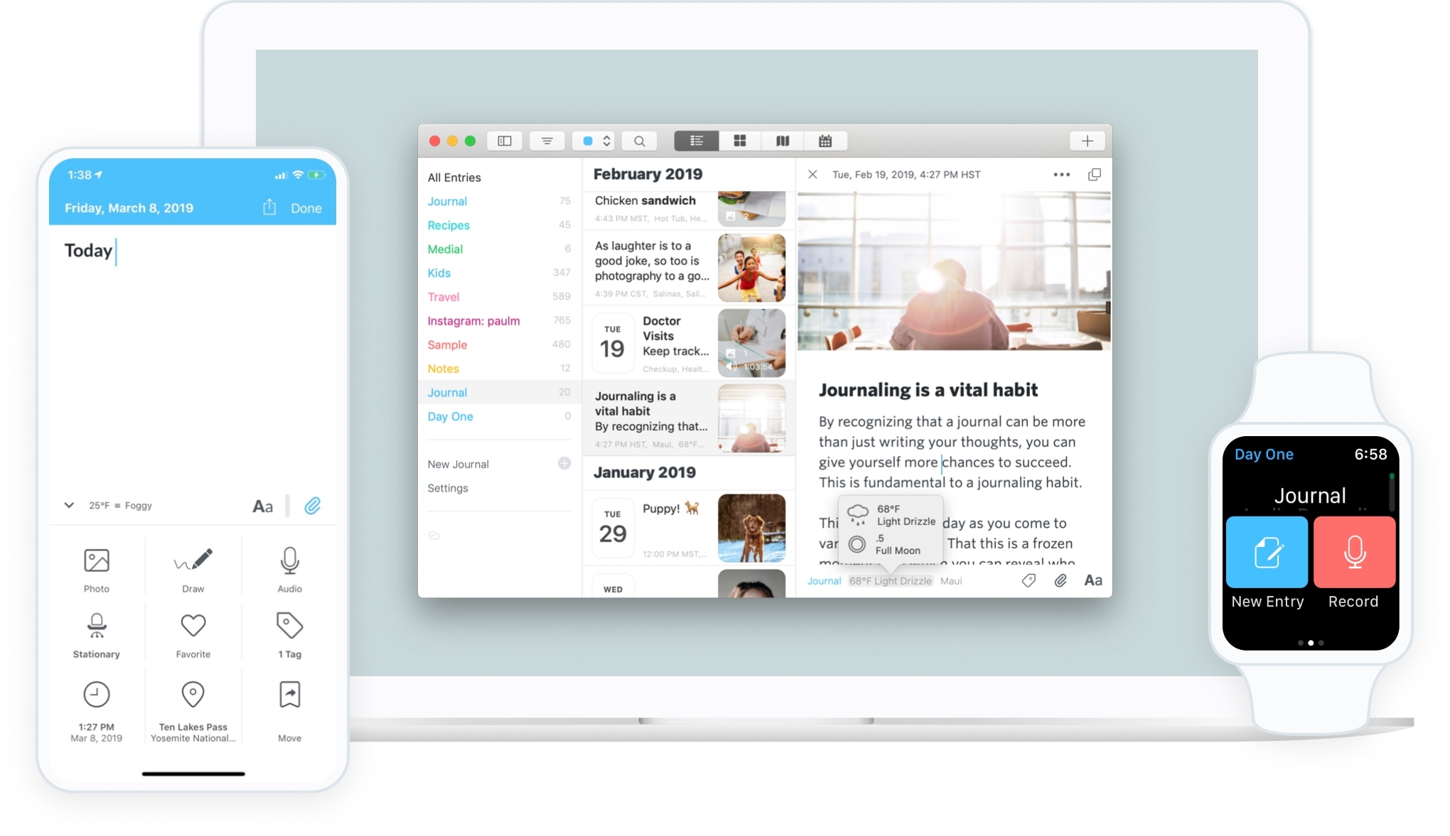 Day One app on phone, Apple MacBook, and Apple Watches