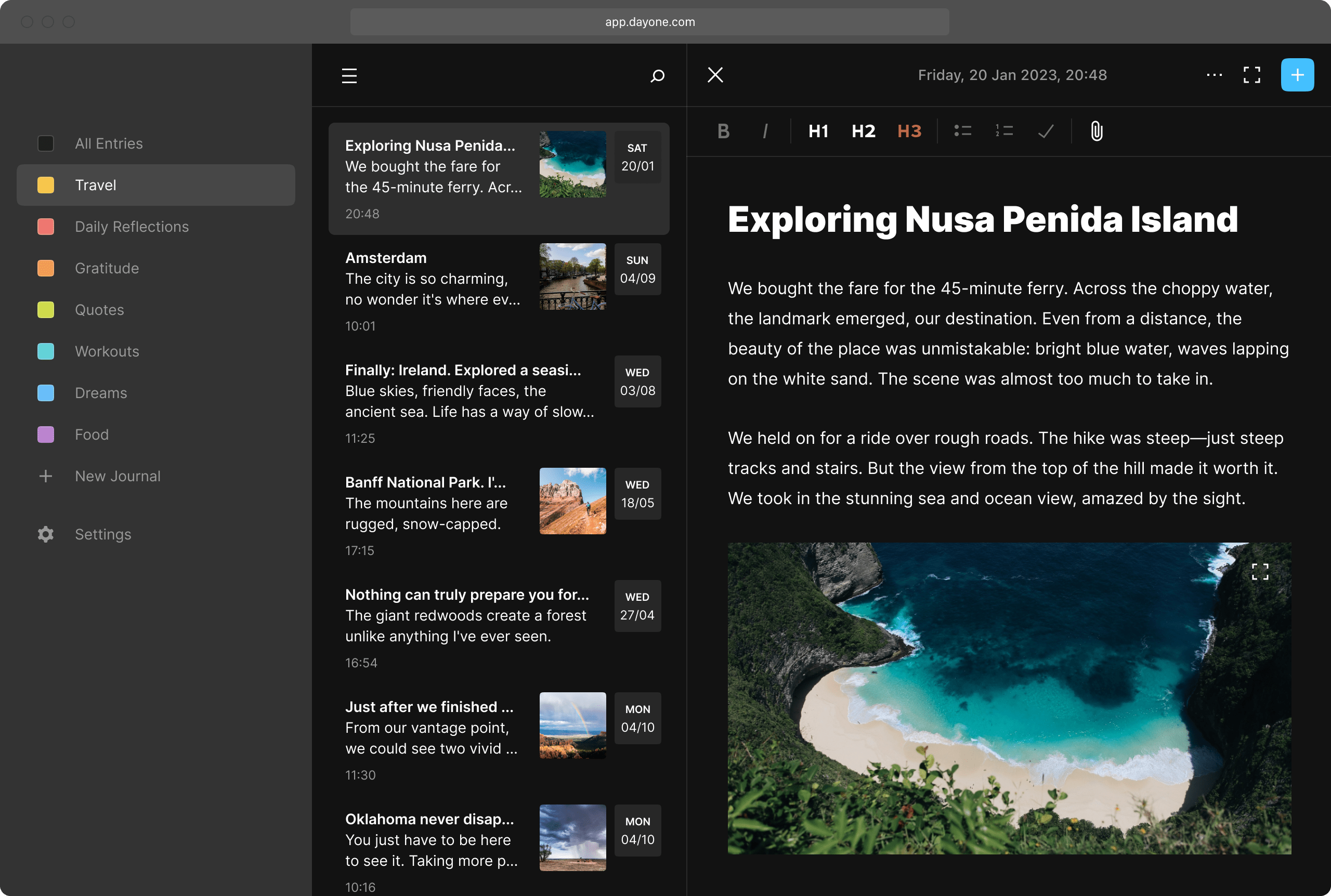 Day One web app dark theme