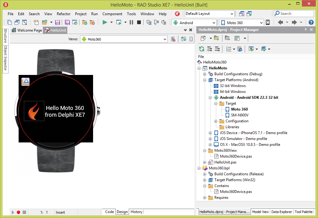 Hello Moto 360 in the XE7 IDE