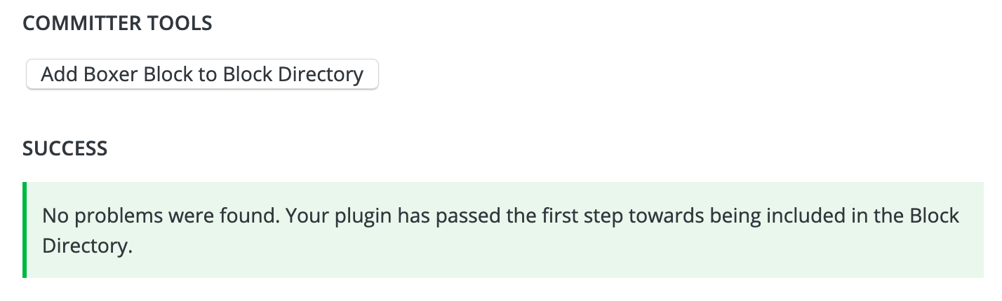 Block checker tool interface with a "Add Plugin Name to the Block Directory" button
