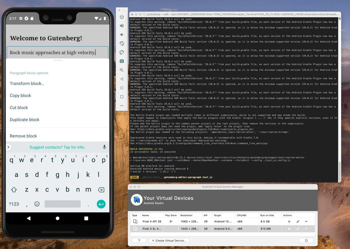 A screenshot of block editor integration tests in Android Simulator.