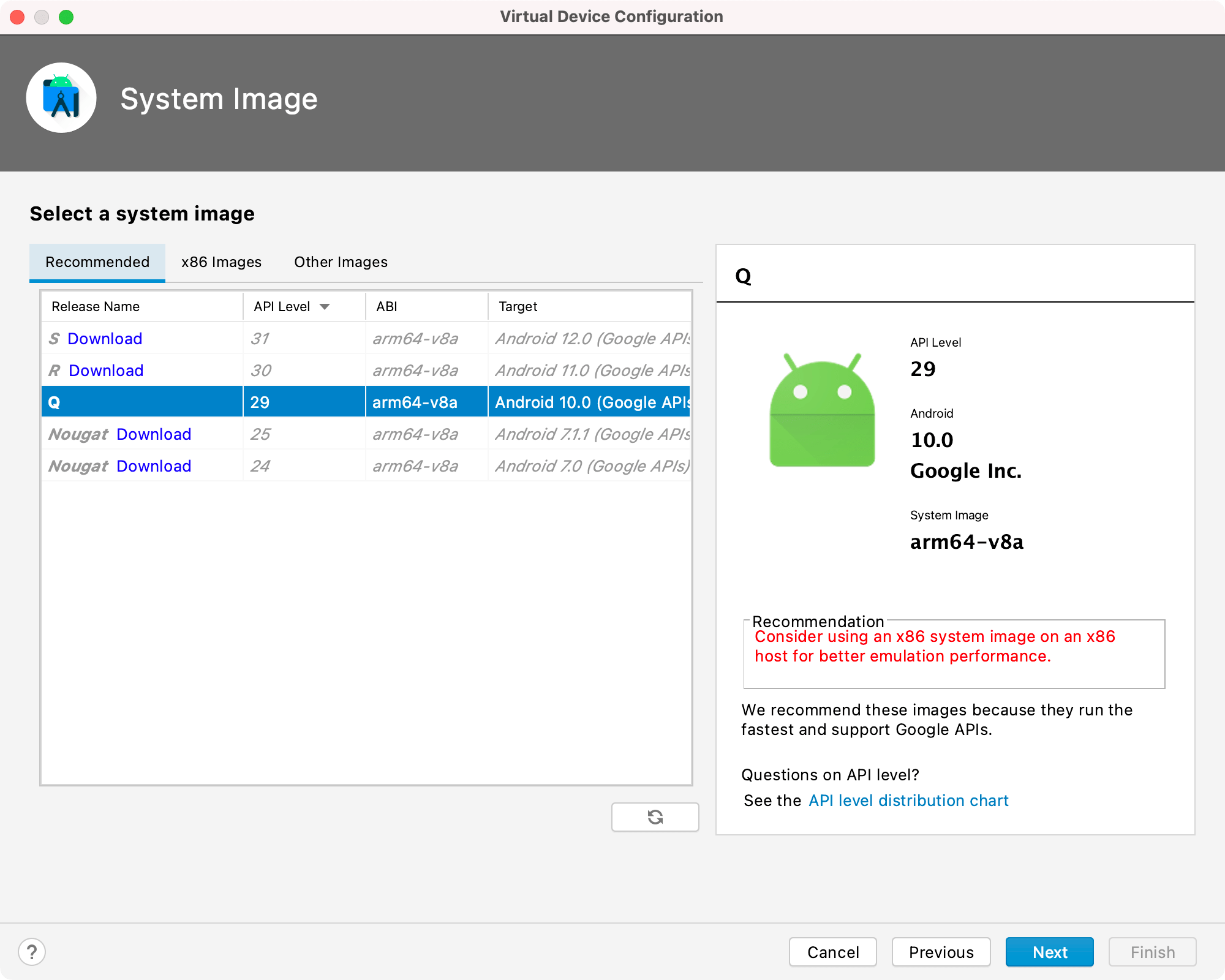 Screenshot of picking a system image in the Android Device Manager workflow.