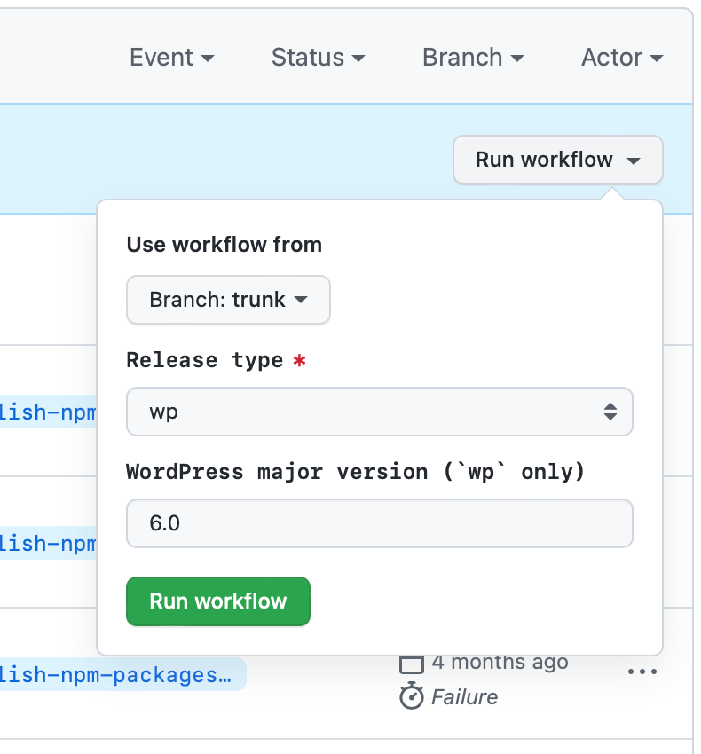 Run workflow dropdown for npm publishing