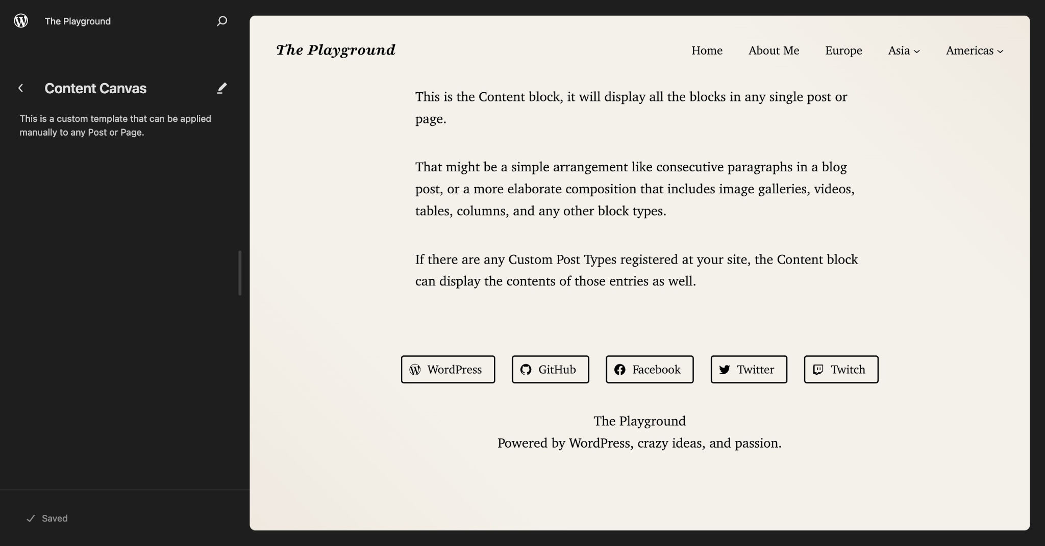 WordPress Site Editor showing the Content Canvas template on the screen.