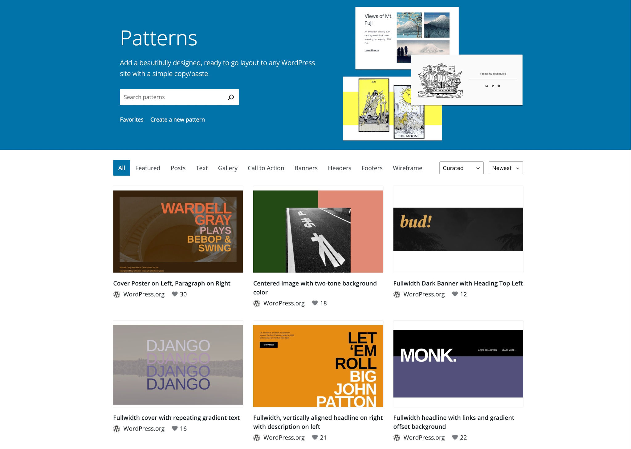 Screenshot of the WordPress.org Pattern Directory, which displays a grid of block pattern demos.