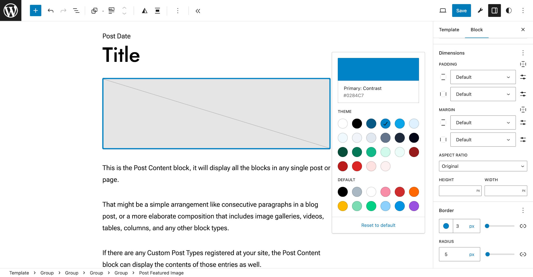 WordPress post editor showing a Post Featured Image block with custom border settings.