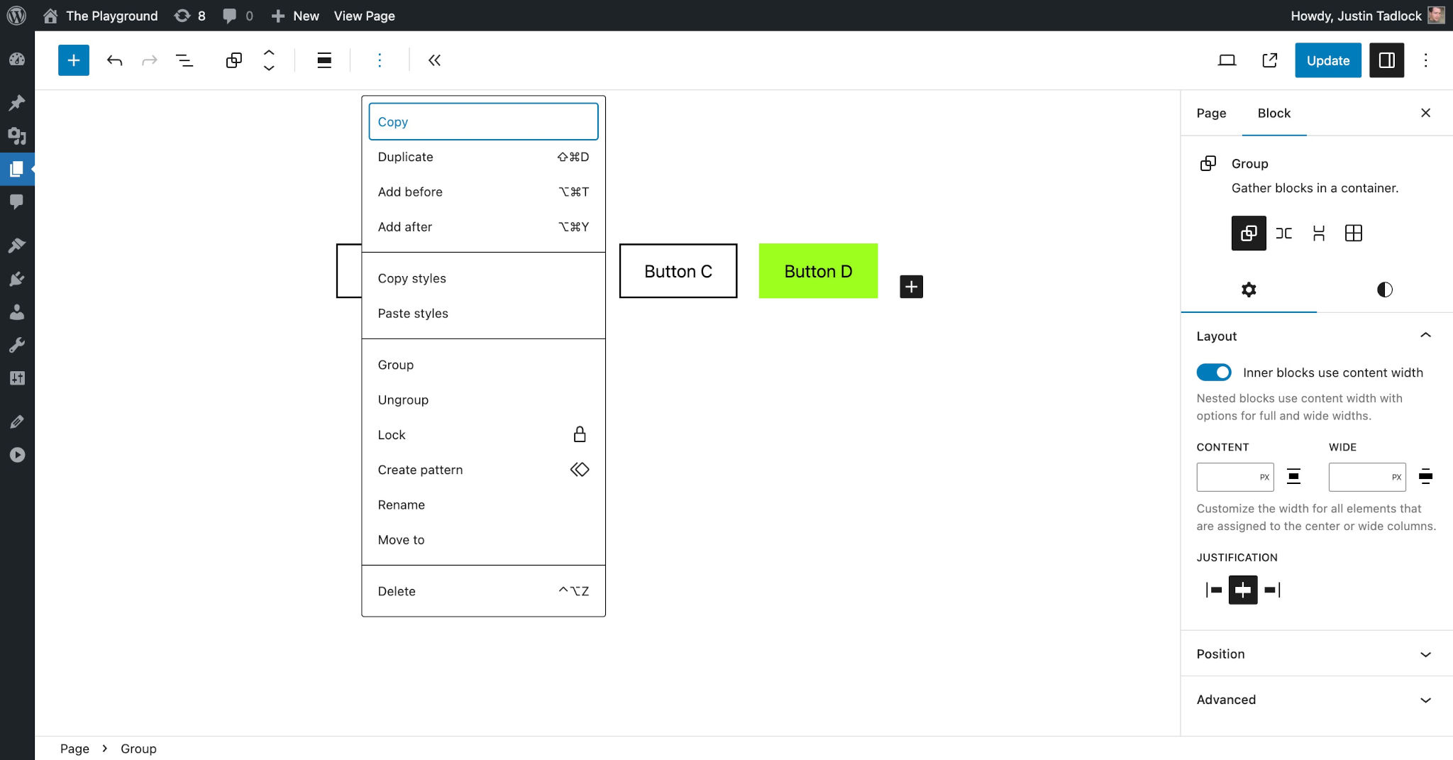 WordPress post editor showing a row of buttons. A dropdown menu from the toolbar is open with the Copy command highlighted.