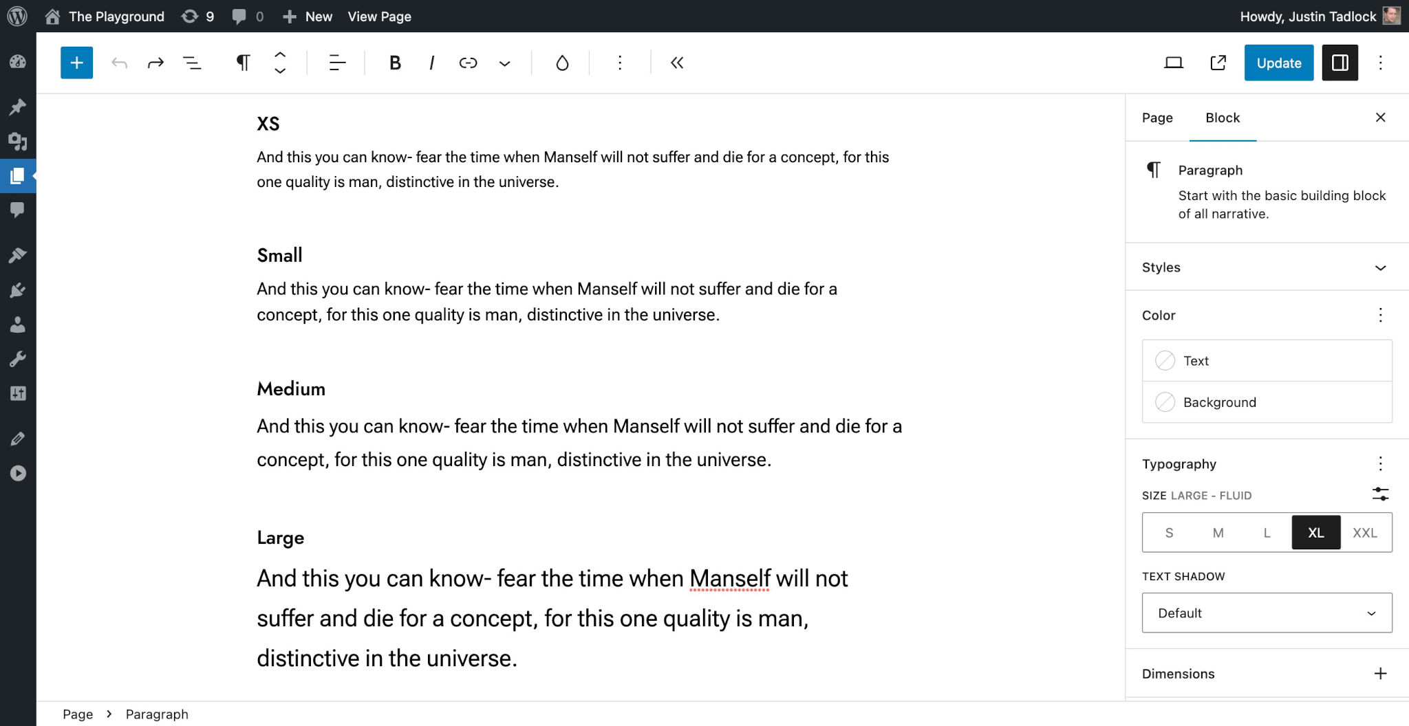 WordPress post editor showing multiple paragraphs with different font sizes.