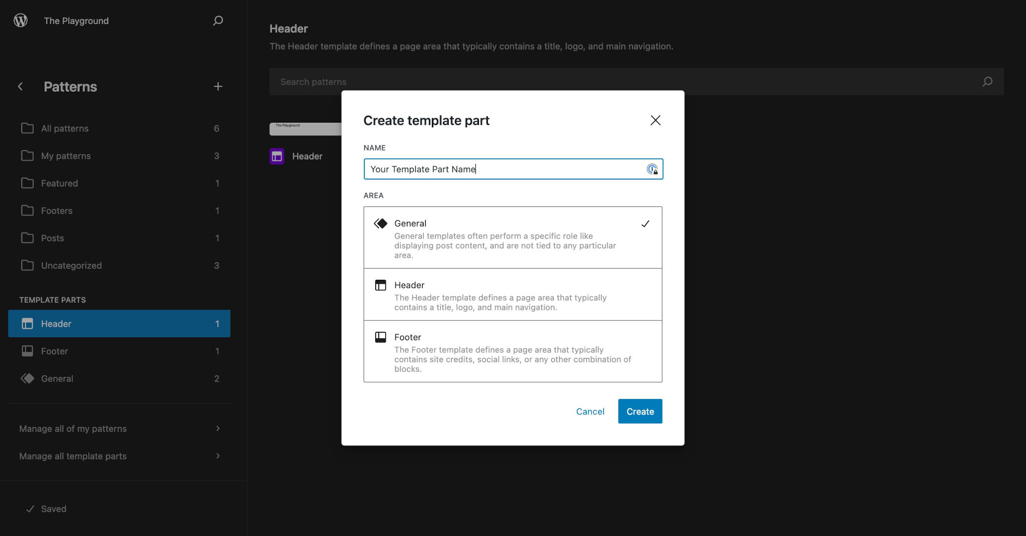 WordPress Site Editor with a modal for creating a template part overlaying the screen.