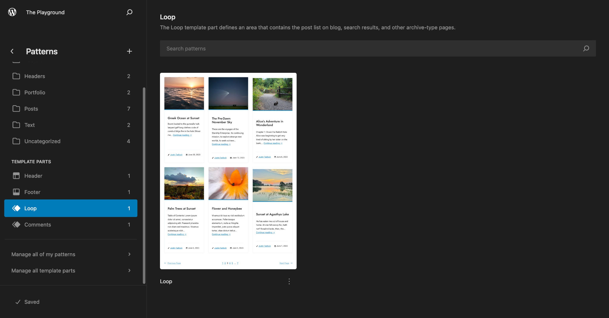 Template Parts section in the Patterns library in the WordPress Site Editor. A custom Loop template part area is selected.