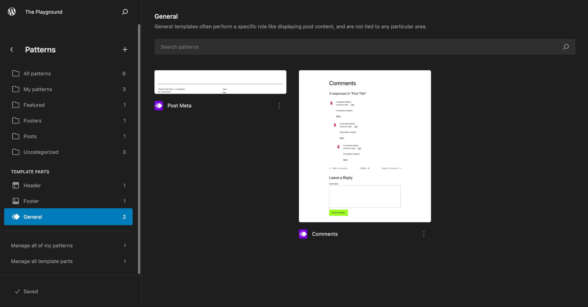 WordPress Template Parts section under the Patterns library in the Site Editor. A Post Meta and Comments part are both shown on the screen.