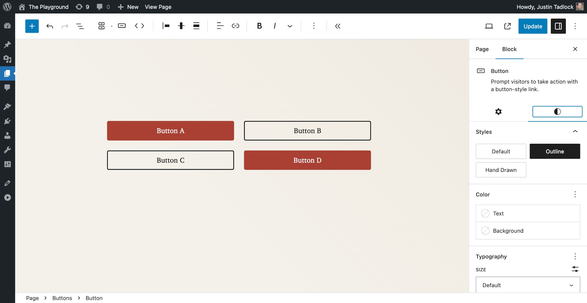 WordPress post editor with four Button blocks in a 2x2 grid. Two of the buttons have a filled background, and the other two are outlined.