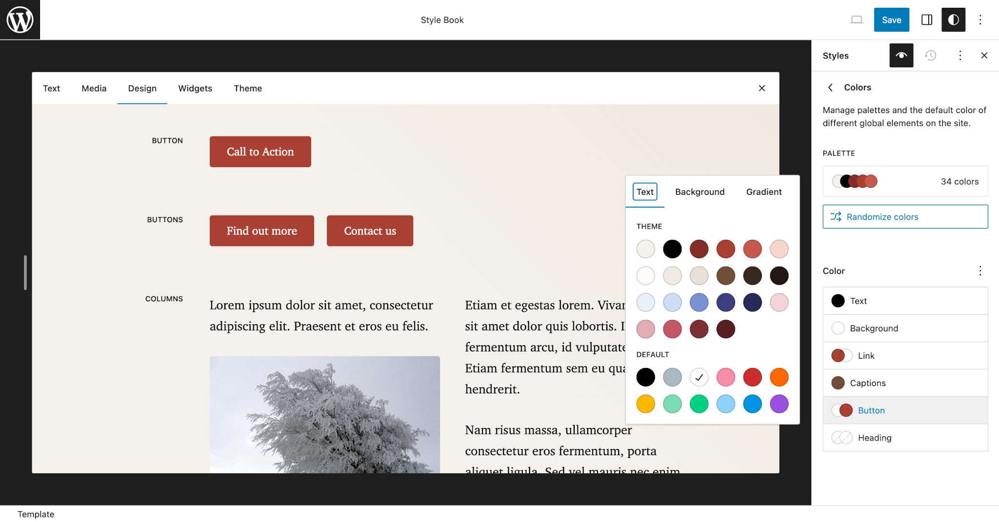 WordPress Style Book with the Buttons block highlighted and the Text color option expanded.