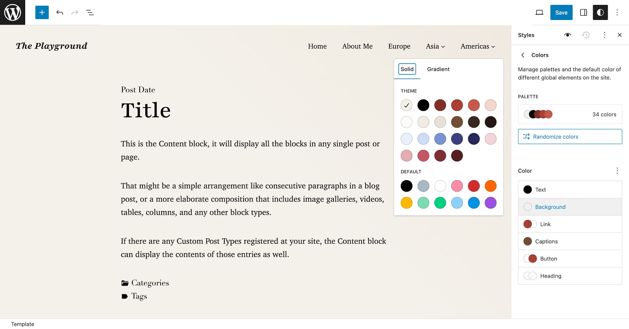 WordPress Site Editor with Styles interface open, showing the theme's colors.
