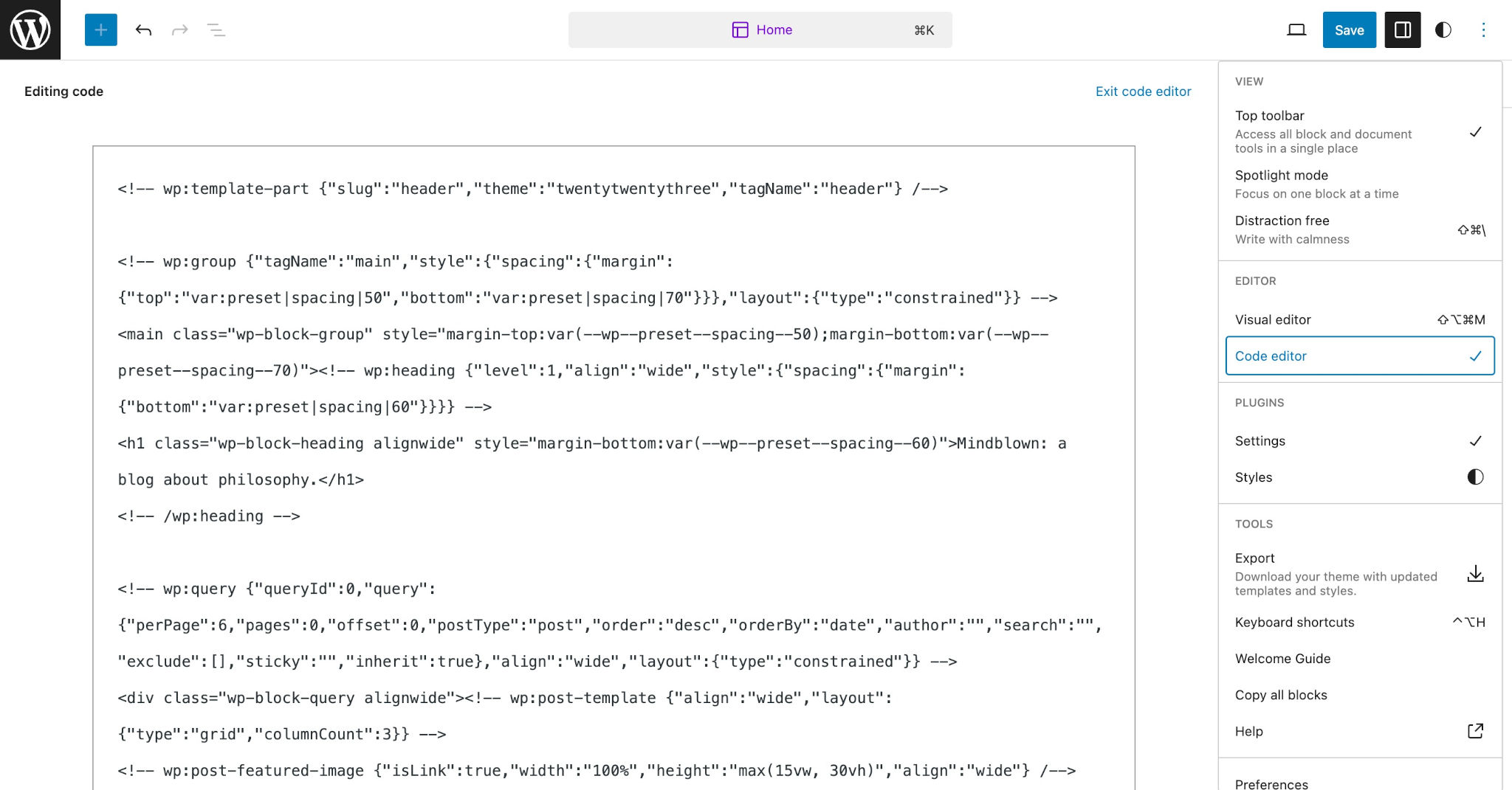 Code view of the Home template code in the Site Editor.