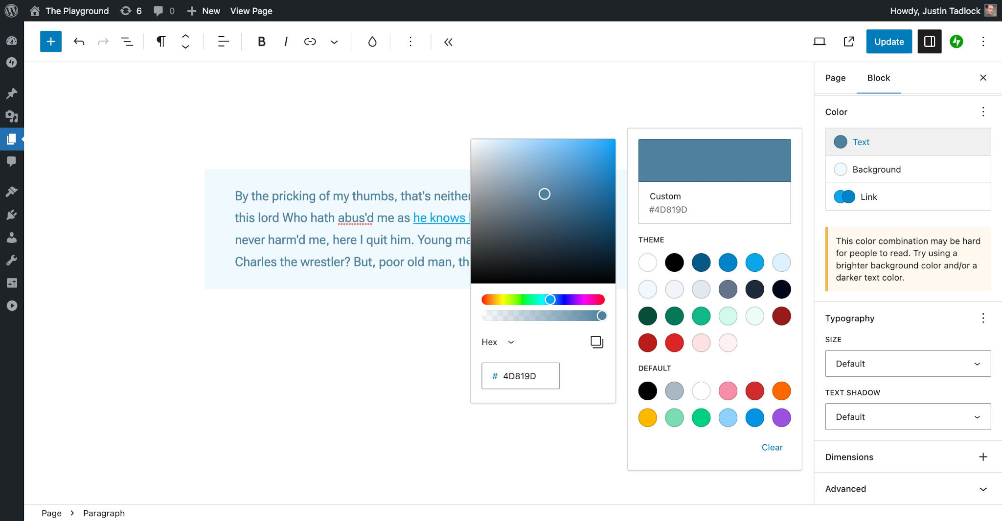 WordPress post editor with a Paragraph block in the editor with a blue background. The Text color option is open and shows a user selecting a custom color.