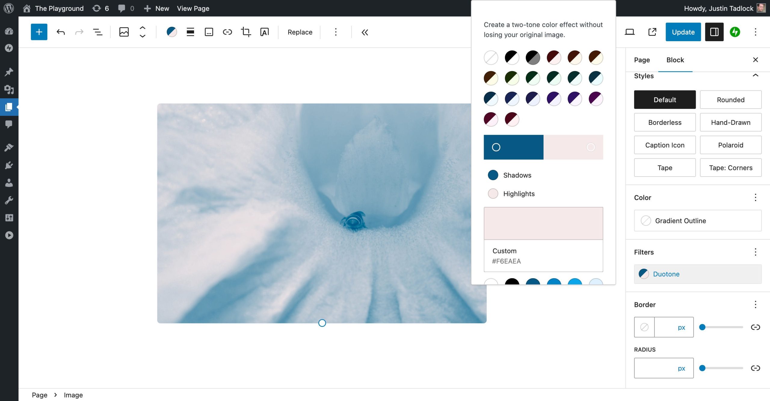 WordPress post editor showing an Image block with the custom duotone filters option open.