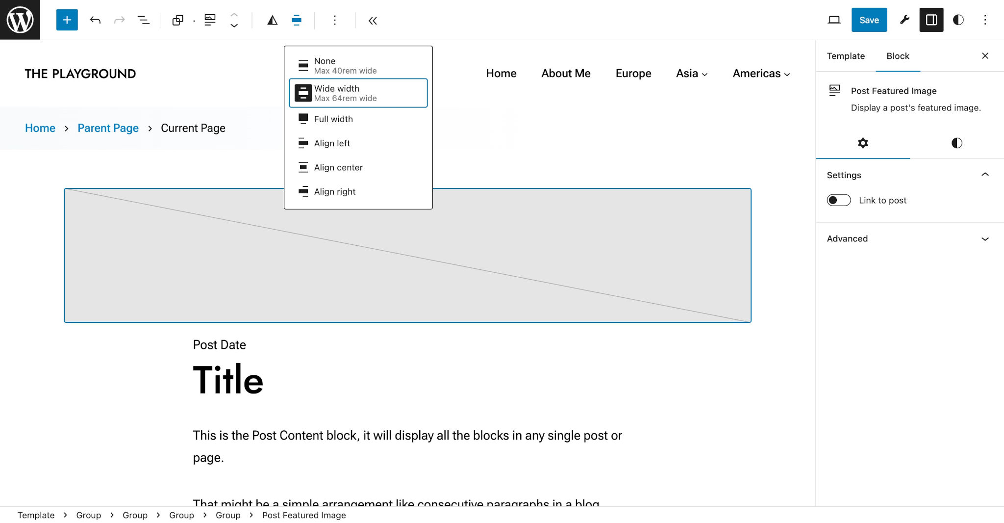 WordPress site editor with the Post Featured Image block selected and set to "wide width".