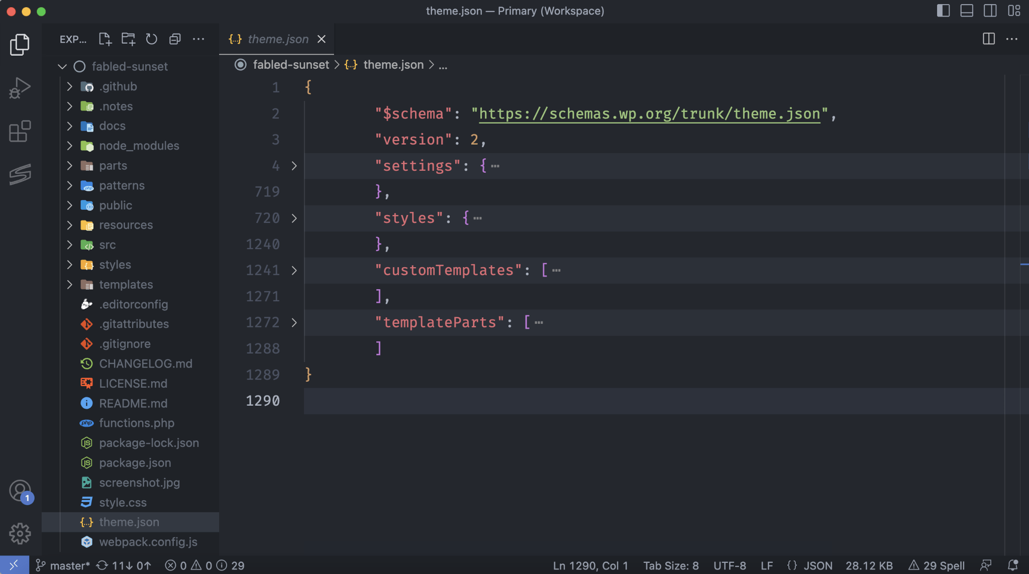 Visual Studio Code editor showing the structure of a theme's files and folders. In the code area, a theme.json file is shown.