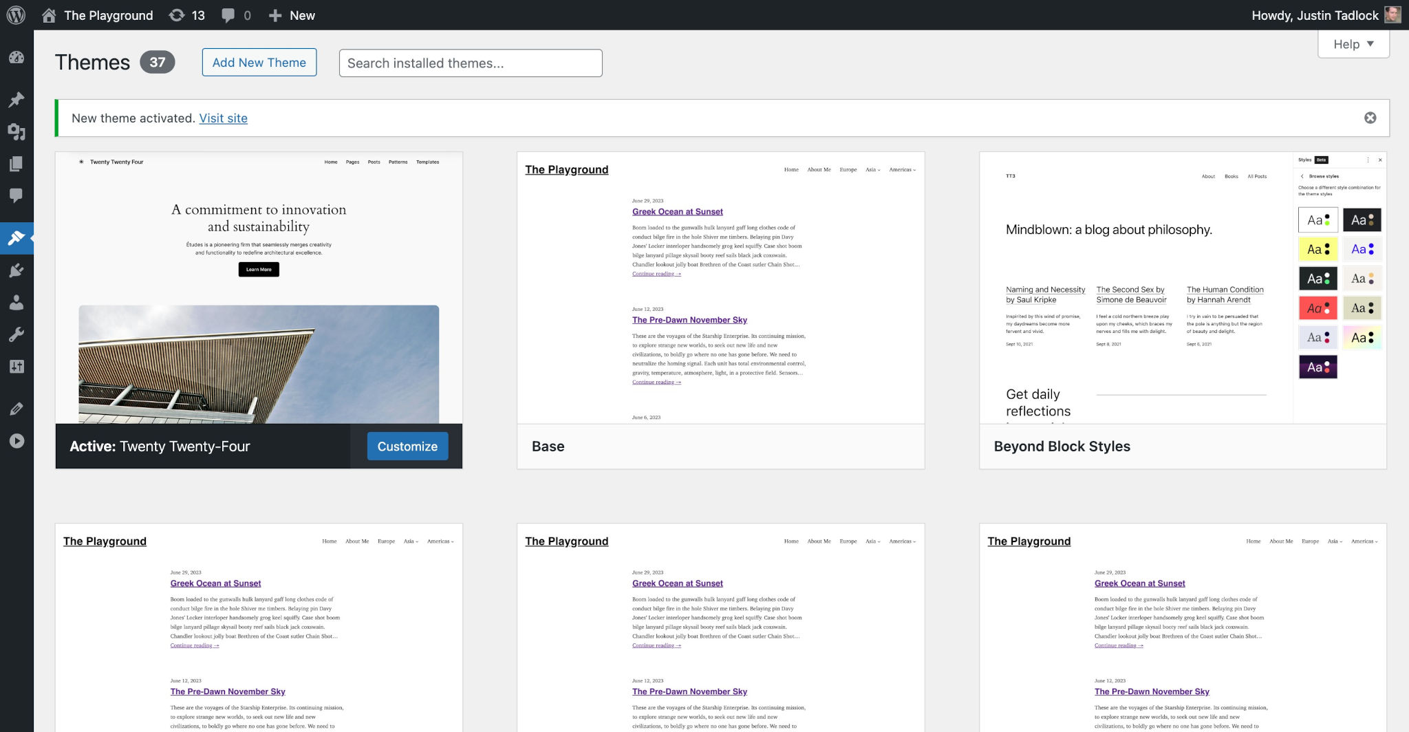 WordPress Appearance > Theme admin screen, showing the Twenty Twenty-Four theme activated.