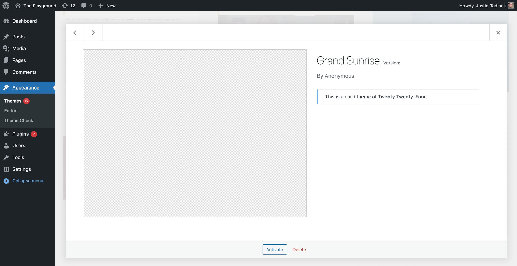 WordPress Appearance > Themes screen showing the popup overlay of an empty child theme.