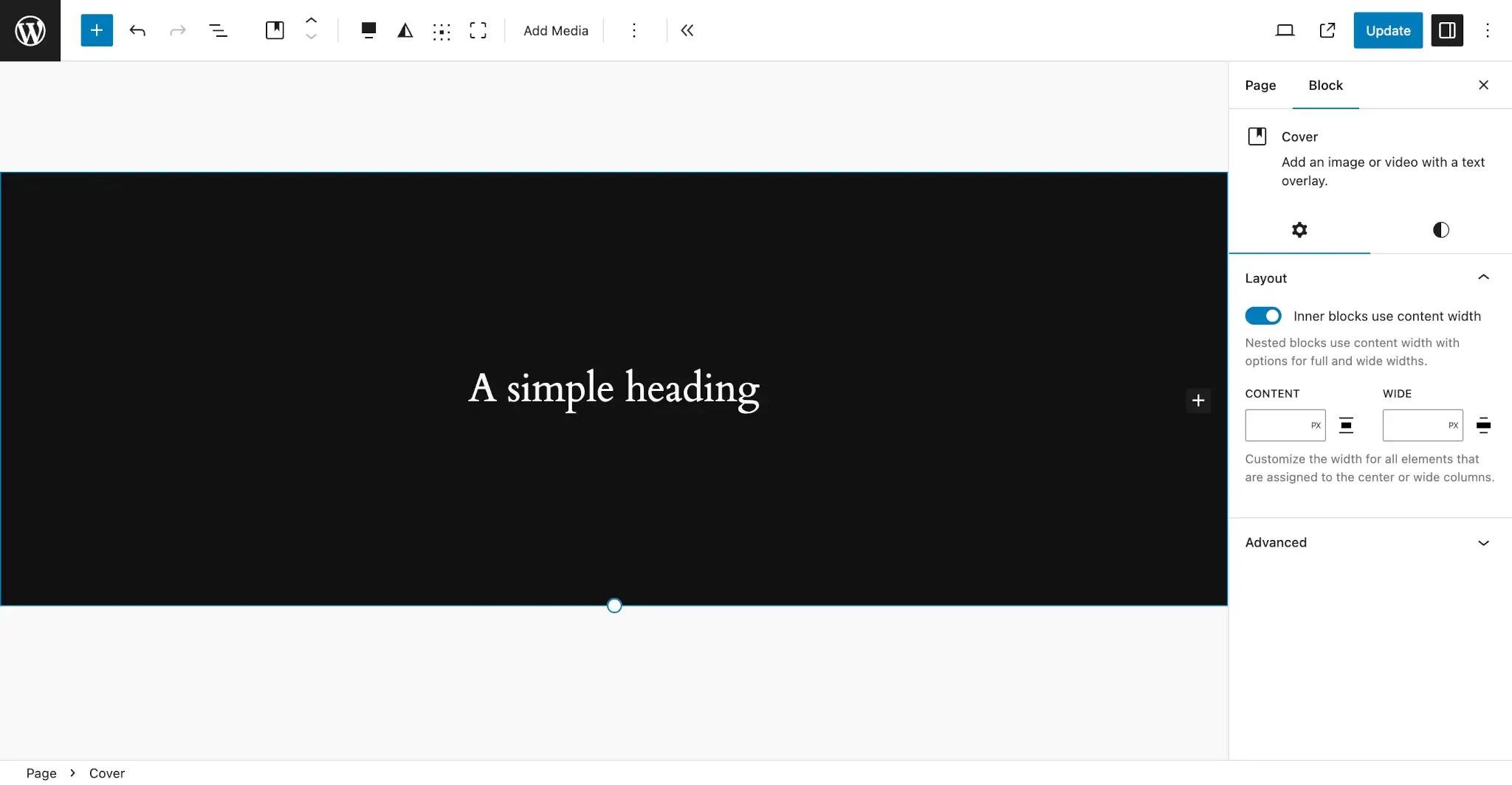 WordPress post editor with a Cover block inserted into the content area with a single Heading block nested inside it.