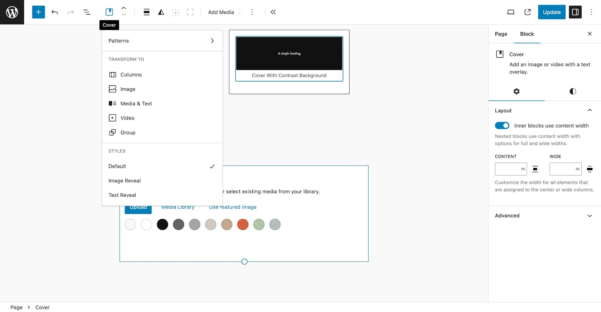 Initial insertion of the Cover block in the block editor. The block's icon is selected in the toolbar and shows a dropdown. In the dropdown, the Patterns sub-menu is selected and shows a transformation option for choosing a pattern.