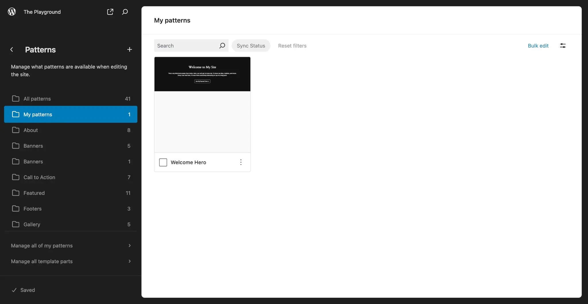 WordPress pattern library with the "My patterns" sub-panel selected. It shows a single pattern that has been created by the user.